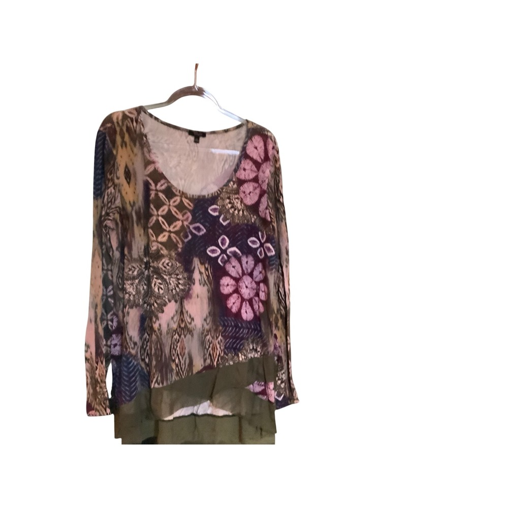 Cupio Womens XL Mixed Media Floral Ikat Print Long Sleeve Tunic Top Olive Purple